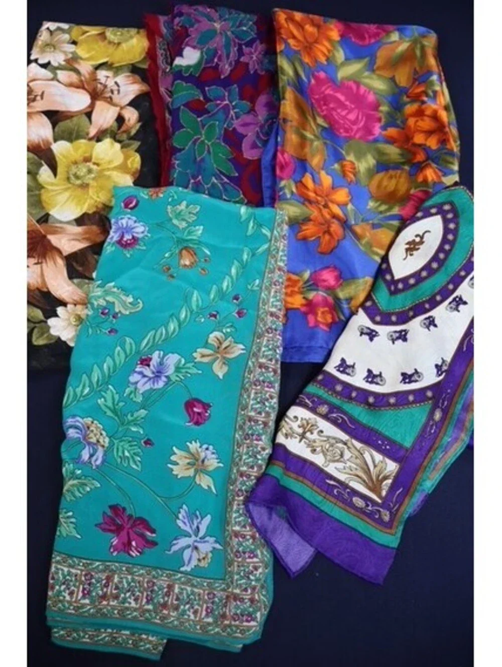 Set of Five Vintage Floral and Patterned Scarves: Silk, wool